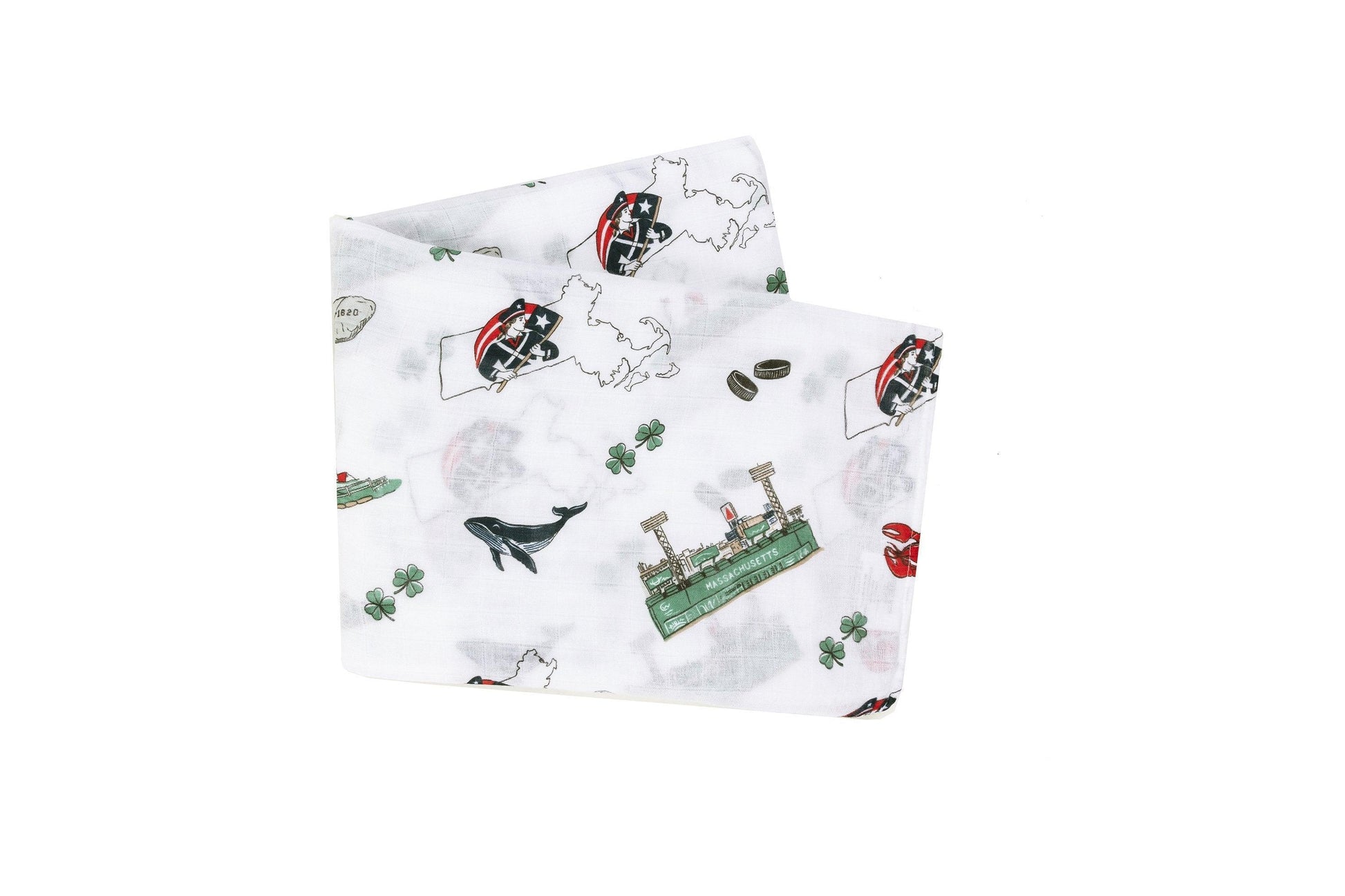 Massachusetts-themed baby gift set with muslin swaddle blanket and burp cloth, featuring state icons and landmarks.