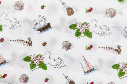 Massachusetts-themed baby swaddle and burp cloth set with floral designs, featuring state map and landmarks.