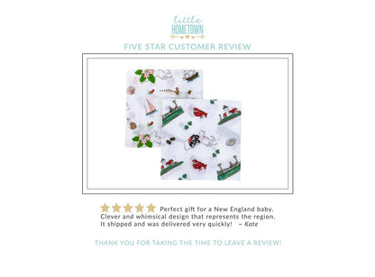 Massachusetts-themed floral baby muslin swaddle blanket and burp cloth set, featuring delicate pink and green flowers.