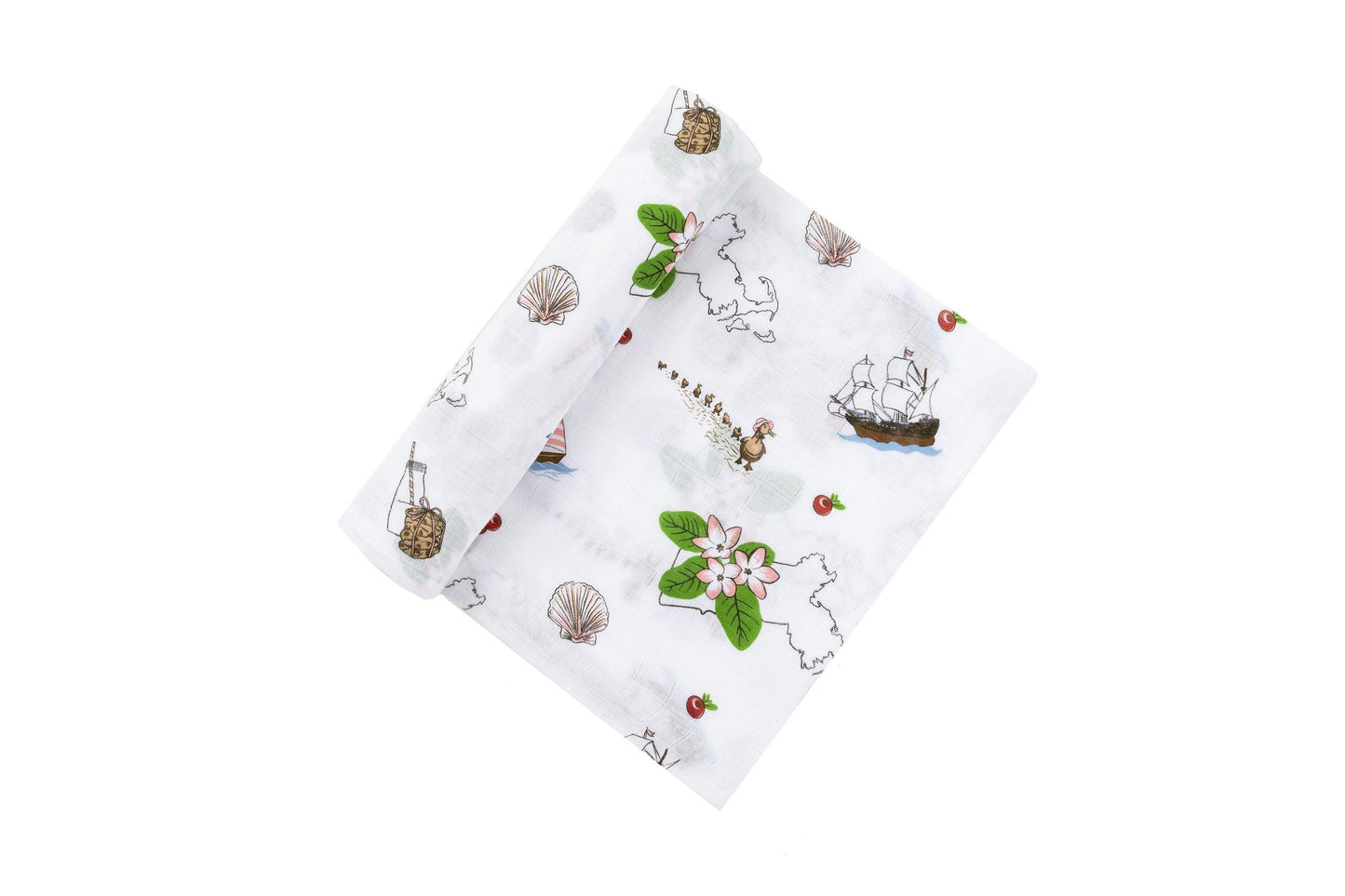 Massachusetts-themed baby swaddle and burp cloth set with floral designs, featuring state map and landmarks.