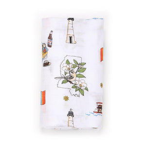 Mississippi-themed muslin swaddle and burp cloth set featuring state icons and landmarks in soft pastel colors.
