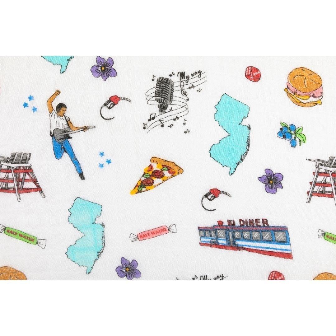 New Jersey-themed baby gift set with muslin swaddle blanket and burp cloth, featuring state icons and landmarks.