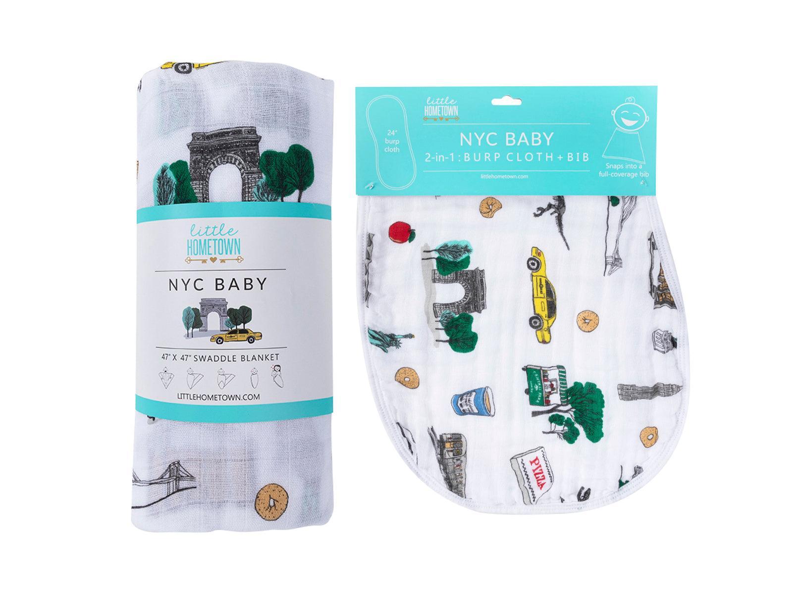 New York City-themed baby gift set with muslin swaddle blanket and burp cloth, featuring iconic city landmarks.