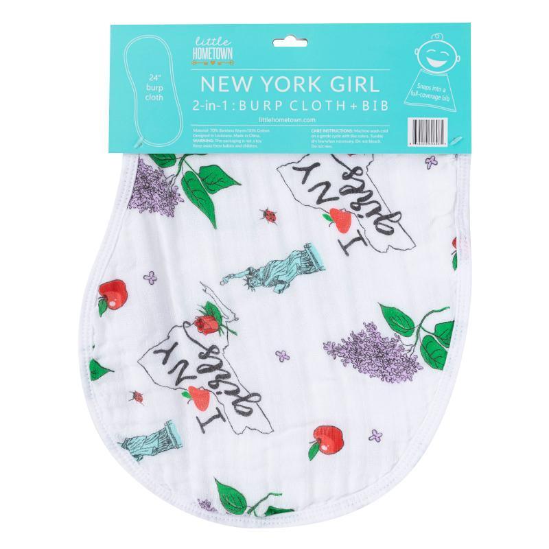 New York-themed baby gift set with muslin swaddle blanket and burp cloth, featuring iconic city landmarks.