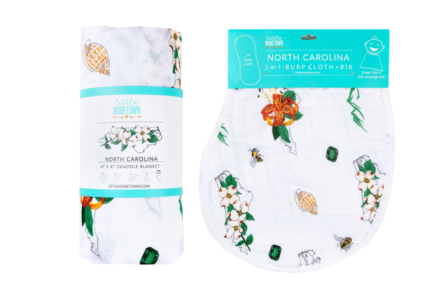 North Carolina-themed baby gift set with floral muslin swaddle blanket and matching burp cloth/bib combo.