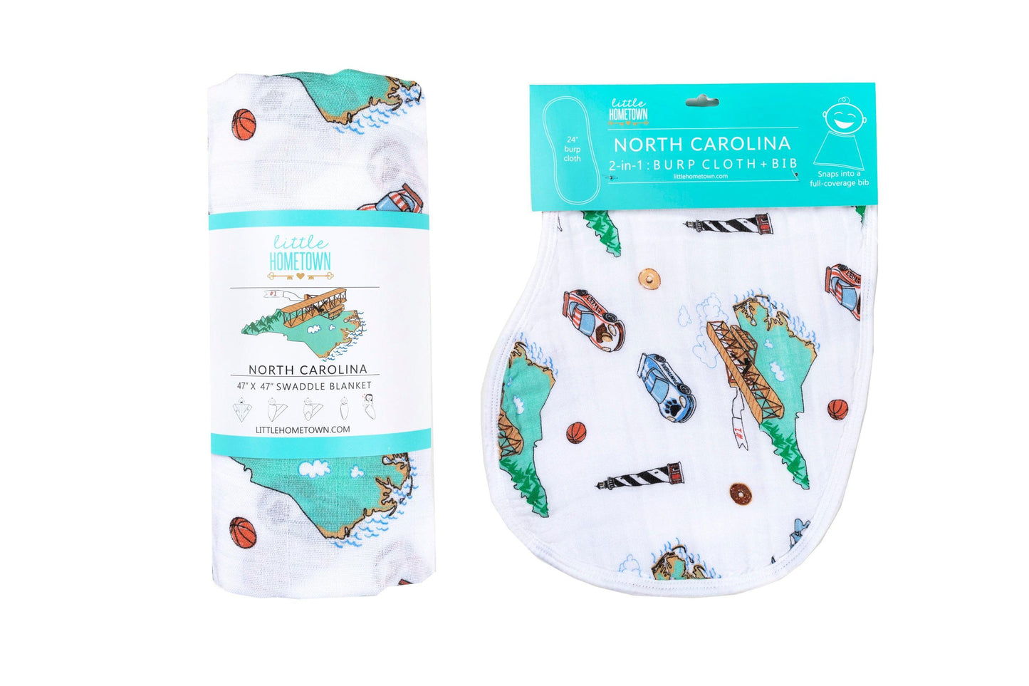 North Carolina-themed baby gift set with muslin swaddle blanket and burp cloth/bib combo, featuring state icons.