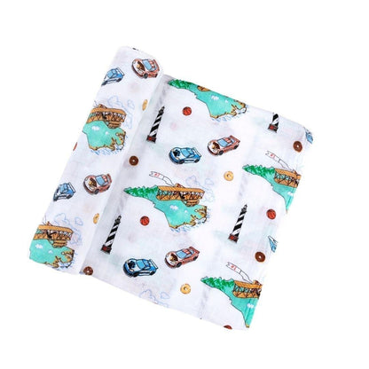 North Carolina-themed baby gift set with muslin swaddle blanket and burp cloth/bib combo, featuring state icons.