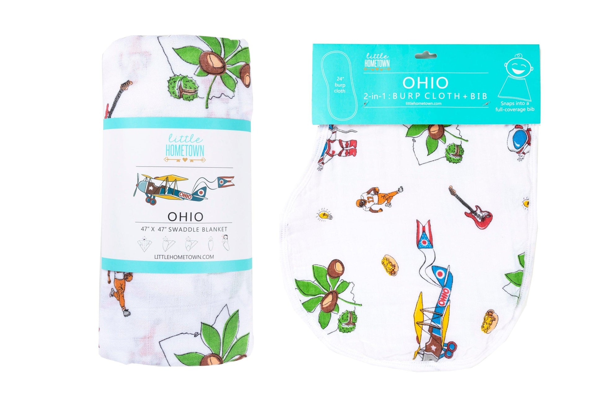 Ohio-themed baby gift set with muslin swaddle, receiving blanket, and burp cloth bib, featuring state icons.
