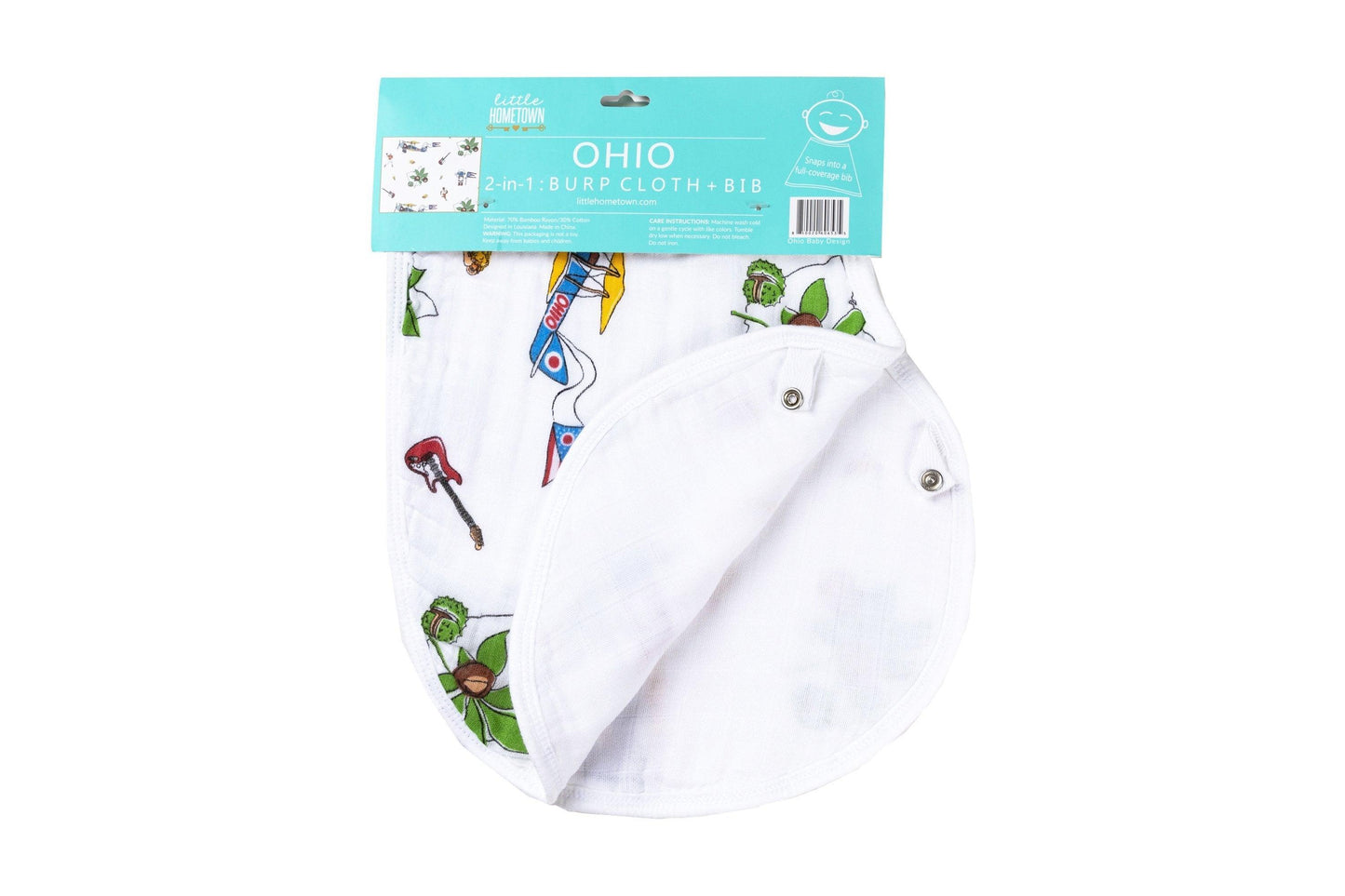 Ohio-themed baby gift set with muslin swaddle, receiving blanket, and burp cloth bib, featuring state icons.