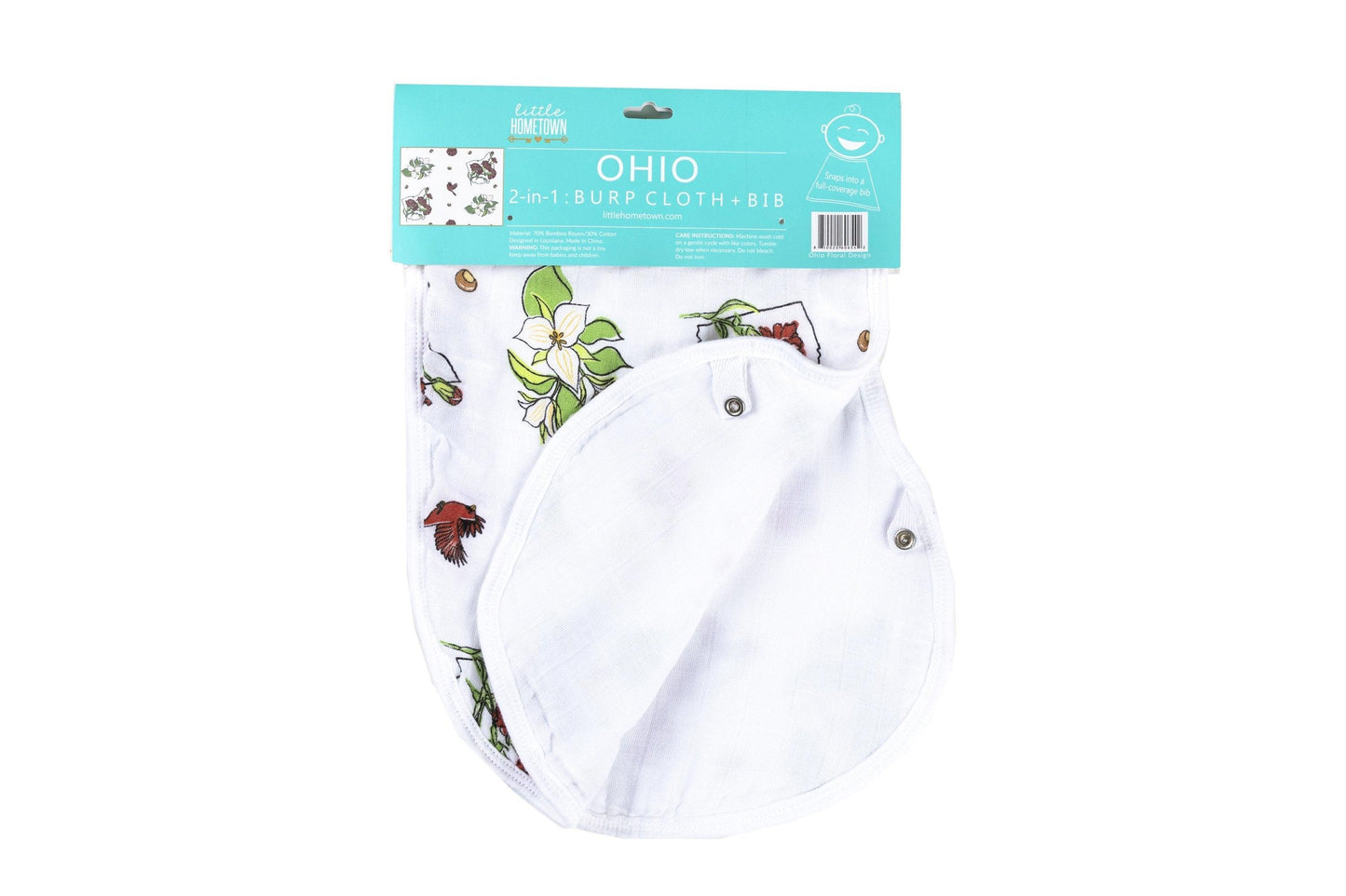 Ohio-themed baby gift set with floral muslin swaddle, receiving blanket, and burp bib, all neatly arranged.