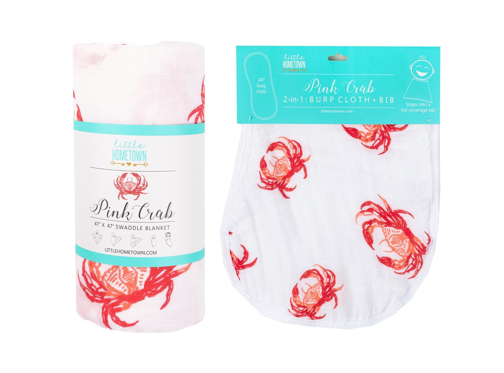 Pink crab-themed baby muslin swaddle blanket and burp cloth set, neatly folded on a white background.