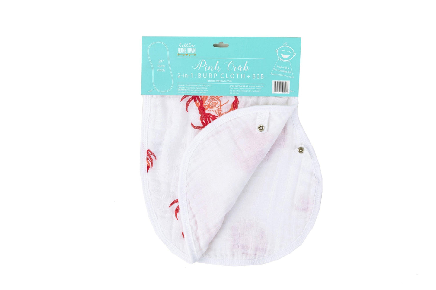 Pink crab-themed baby muslin swaddle blanket and burp cloth set, neatly folded on a white background.