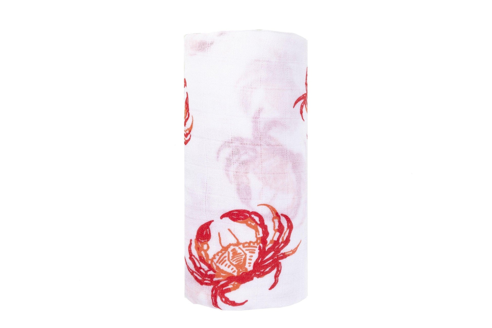 Pink crab-themed baby muslin swaddle blanket and burp cloth set, neatly folded on a white background.