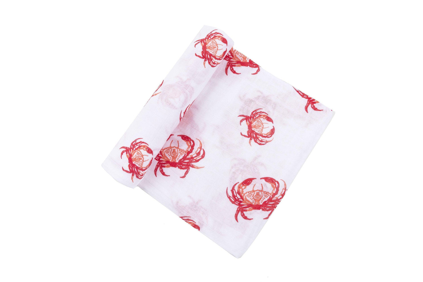 Pink crab-themed baby muslin swaddle blanket and burp cloth set, neatly folded on a white background.