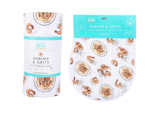 Shrimp and grits-themed baby muslin swaddle blanket and burp cloth set, featuring playful shrimp illustrations.