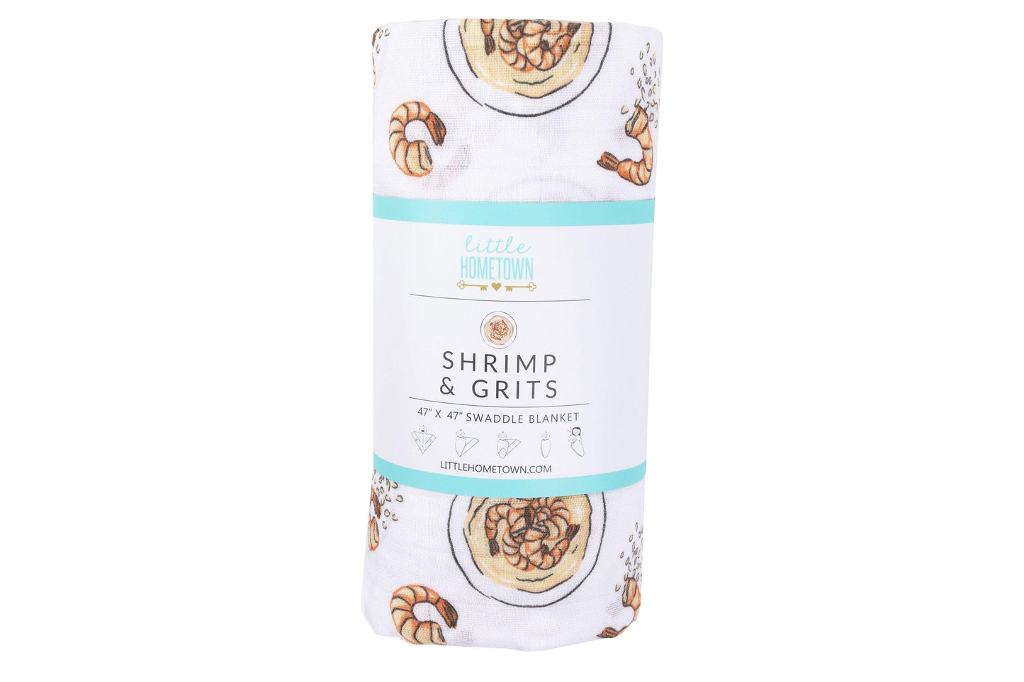 Shrimp and grits-themed baby muslin swaddle blanket and burp cloth set, featuring playful shrimp illustrations.