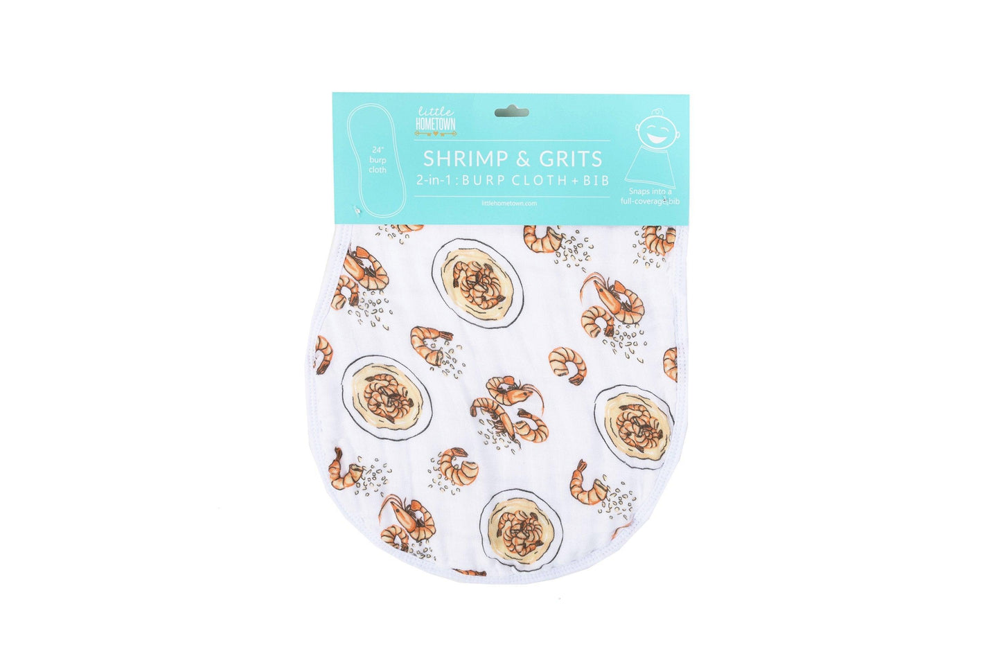 Gift set with shrimp and grits-themed baby muslin swaddle blanket and burp cloth/bib combo, Little Hometown.