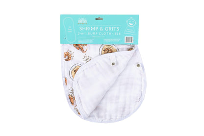 Gift set with shrimp and grits-themed baby muslin swaddle blanket and burp cloth/bib combo, Little Hometown.