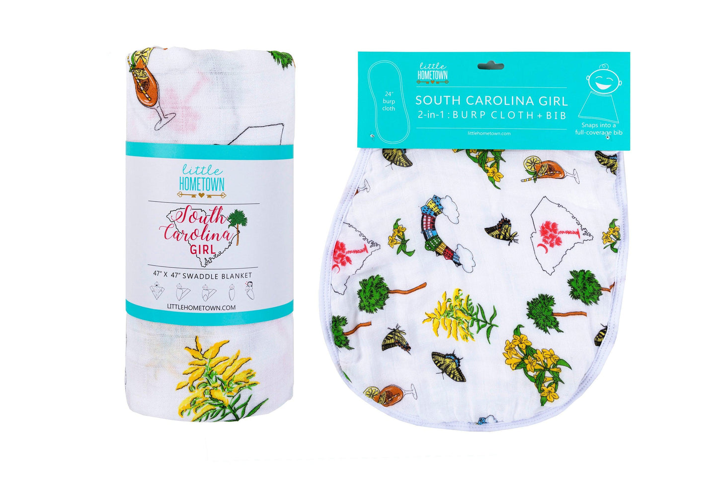 South Carolina-themed baby gift set with muslin swaddle blanket and burp cloth, featuring state icons and text.