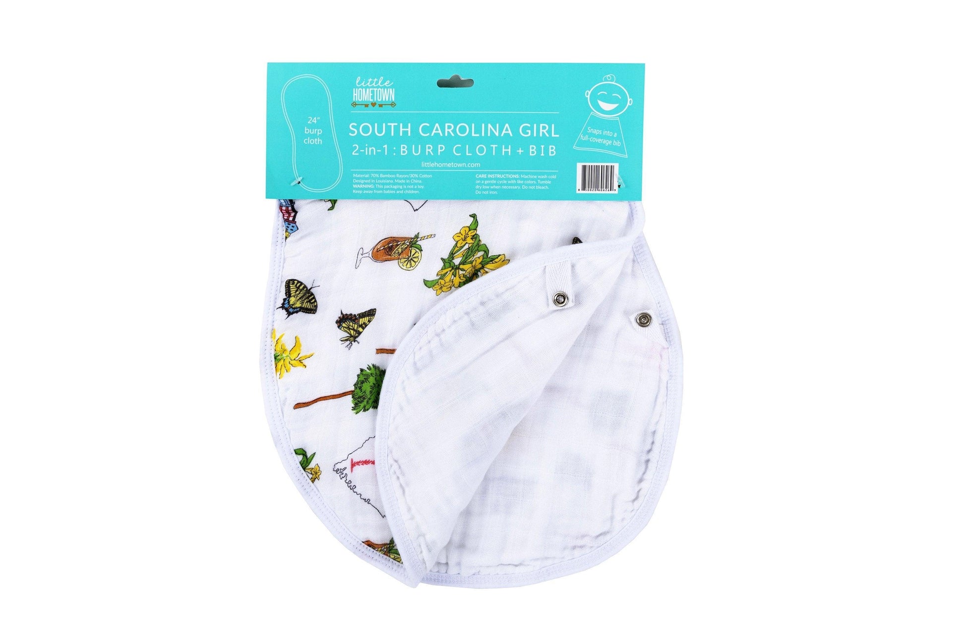 South Carolina-themed baby gift set with muslin swaddle blanket and burp cloth, featuring state icons and text.