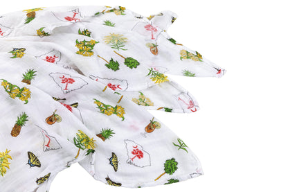 South Carolina-themed baby gift set with muslin swaddle blanket and burp cloth, featuring state icons and text.