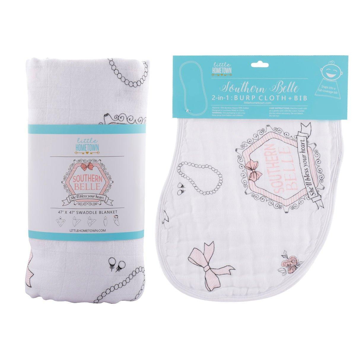 Southern Belle baby gift set with muslin swaddle blanket and burp cloth/bib combo, featuring floral patterns.