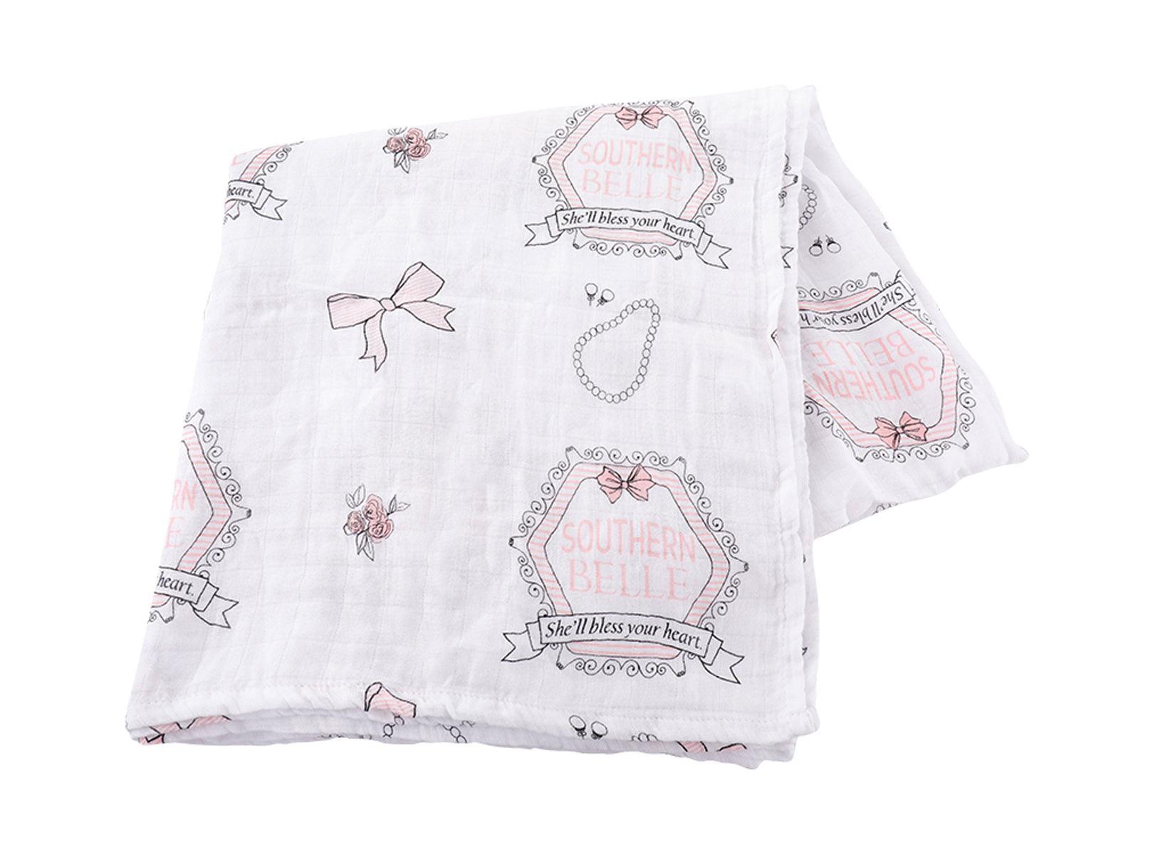 Southern Belle baby gift set with muslin swaddle blanket and burp cloth/bib combo, featuring floral patterns.