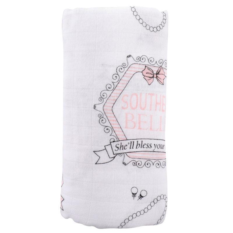 Southern Belle baby gift set with muslin swaddle blanket and burp cloth/bib combo, featuring floral patterns.