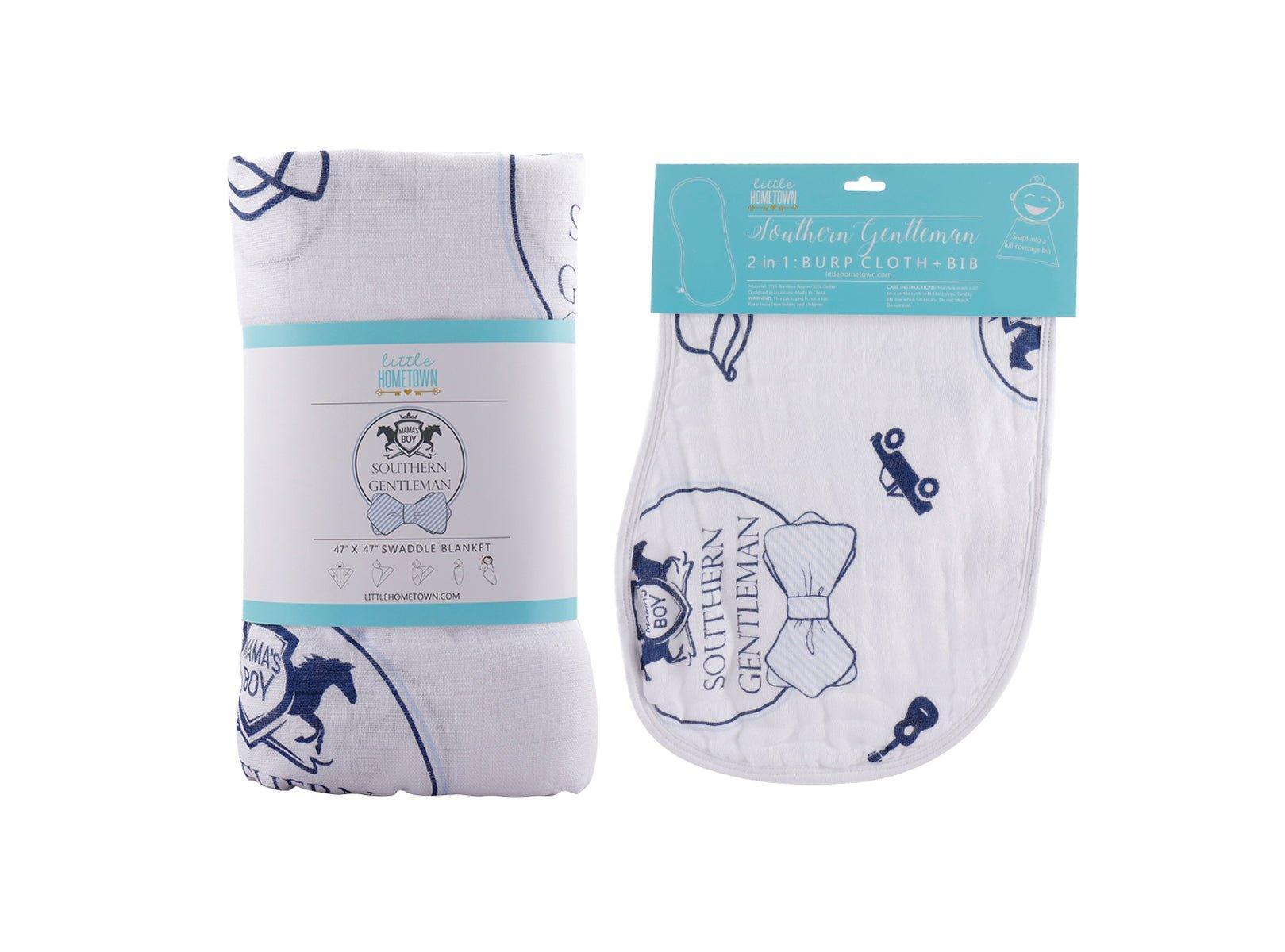 Southern Gentleman baby gift set with muslin swaddle blanket and burp cloth/bib combo, featuring a charming bowtie pattern.