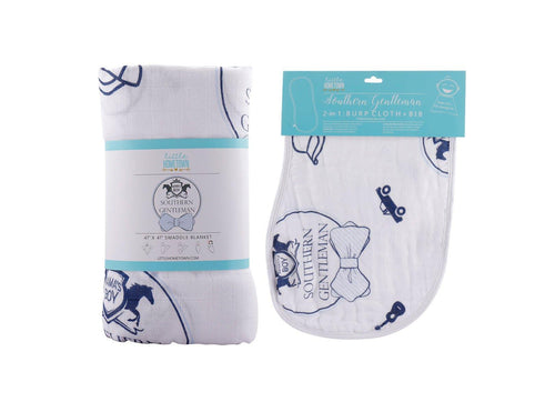 Southern Gentleman baby gift set with muslin swaddle blanket and burp cloth/bib combo, featuring a charming bowtie pattern.