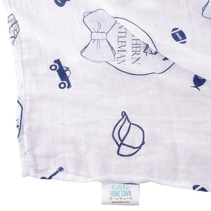 Southern Gentleman baby gift set with muslin swaddle blanket and burp cloth/bib combo, featuring a charming bow tie design.