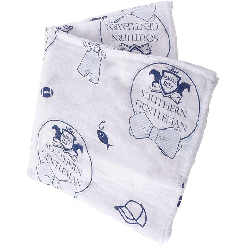 Southern Gentleman baby gift set with muslin swaddle blanket and burp cloth/bib combo, featuring a bow tie design.