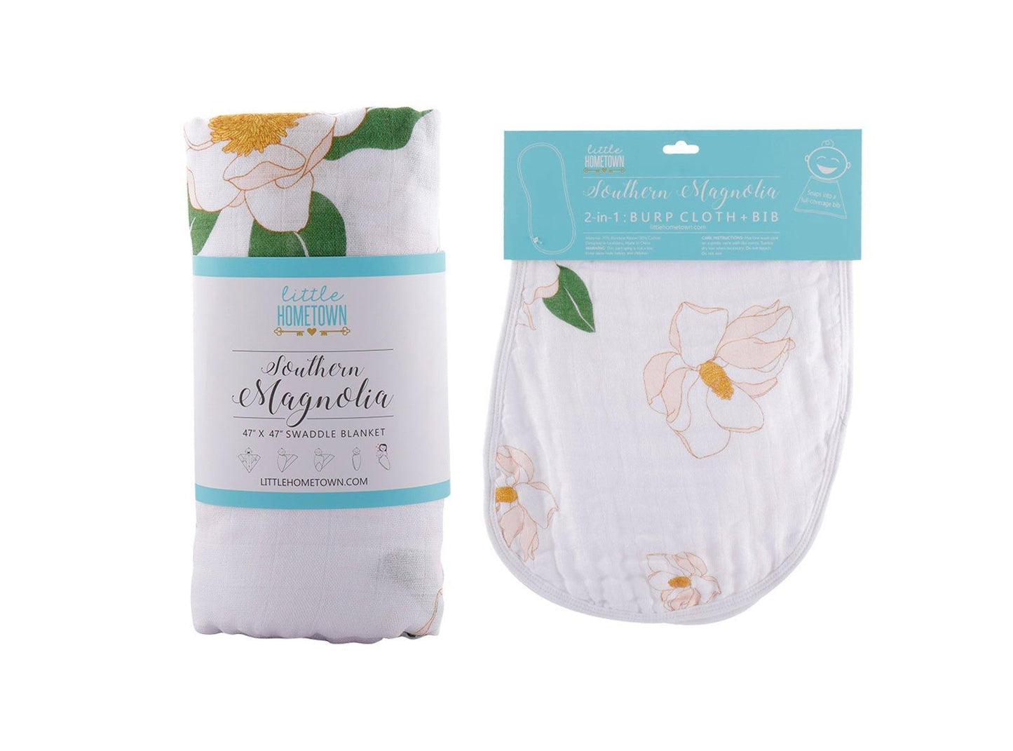 Southern Magnolia baby muslin swaddle blanket and burp cloth/bib combo, featuring delicate floral patterns.