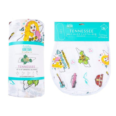 The Tennessee Floral gift set with a rolled swaddle and burp cloth and bib combo full of music city icons.