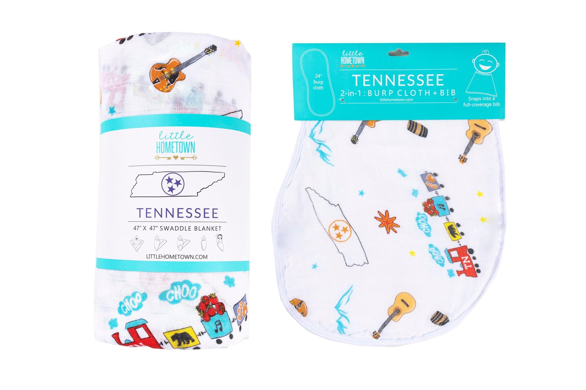 Tennessee-themed baby gift set with muslin swaddle blanket and burp cloth/bib combo, featuring state icons.