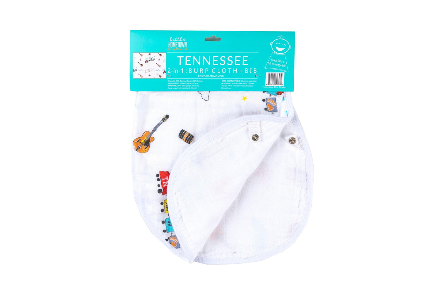 Tennessee-themed baby gift set with muslin swaddle blanket and burp cloth/bib combo, featuring state icons.