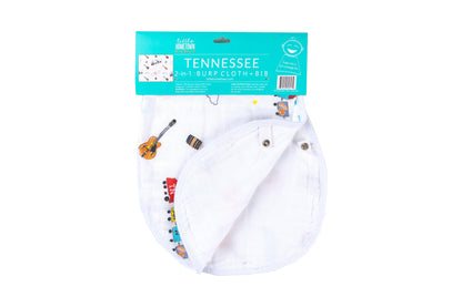 Tennessee-themed baby gift set with muslin swaddle blanket and burp cloth/bib combo, featuring state icons.