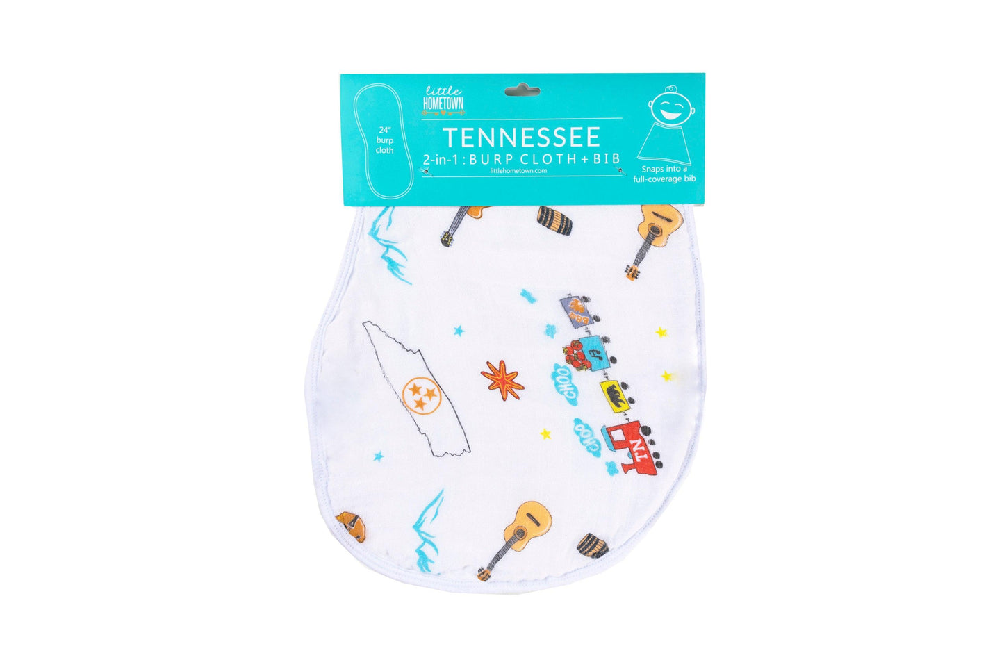 Tennessee-themed baby gift set with muslin swaddle blanket and burp cloth/bib combo, featuring state icons.