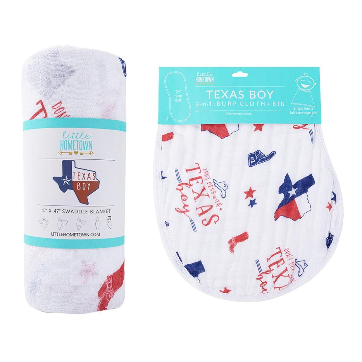 Texas-themed baby gift set with a muslin swaddle blanket and burp cloth, featuring blue and white designs.
