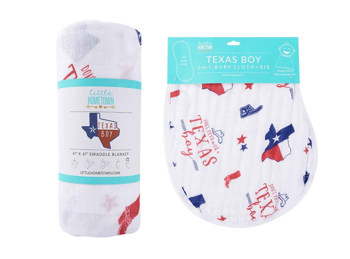 Texas-themed baby gift set with a muslin swaddle blanket and burp cloth, featuring blue and white designs.