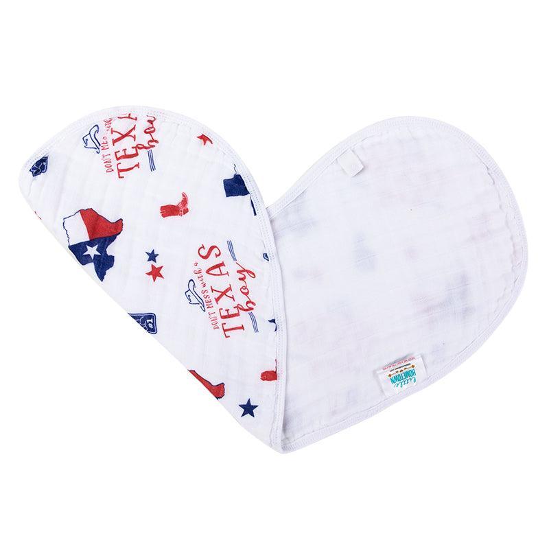 Texas-themed baby gift set with a muslin swaddle blanket and burp cloth/bib combo, featuring state icons.