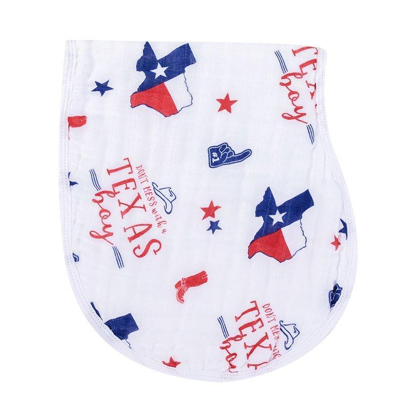 Texas-themed baby gift set with a muslin swaddle blanket and burp cloth/bib combo, featuring blue and white designs.