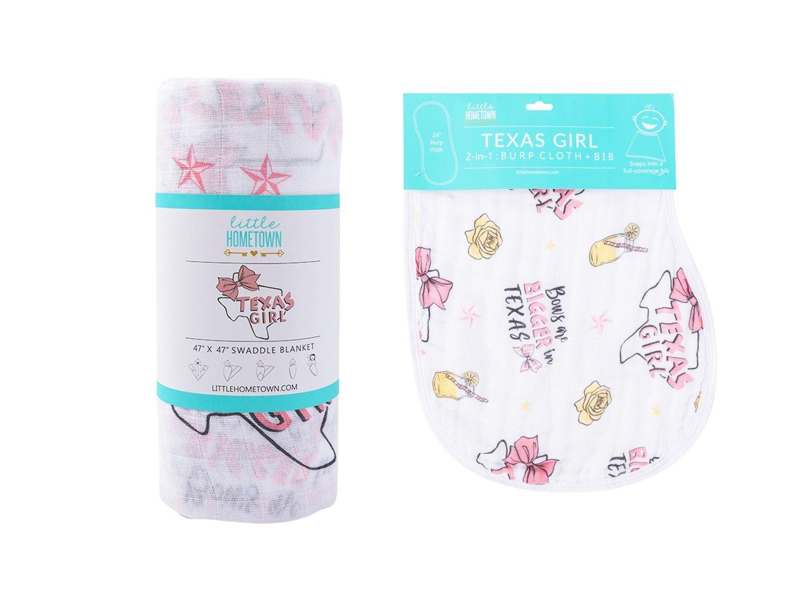 Pink muslin swaddle blanket and burp cloth with Texas-themed designs, including state outline and flowers.