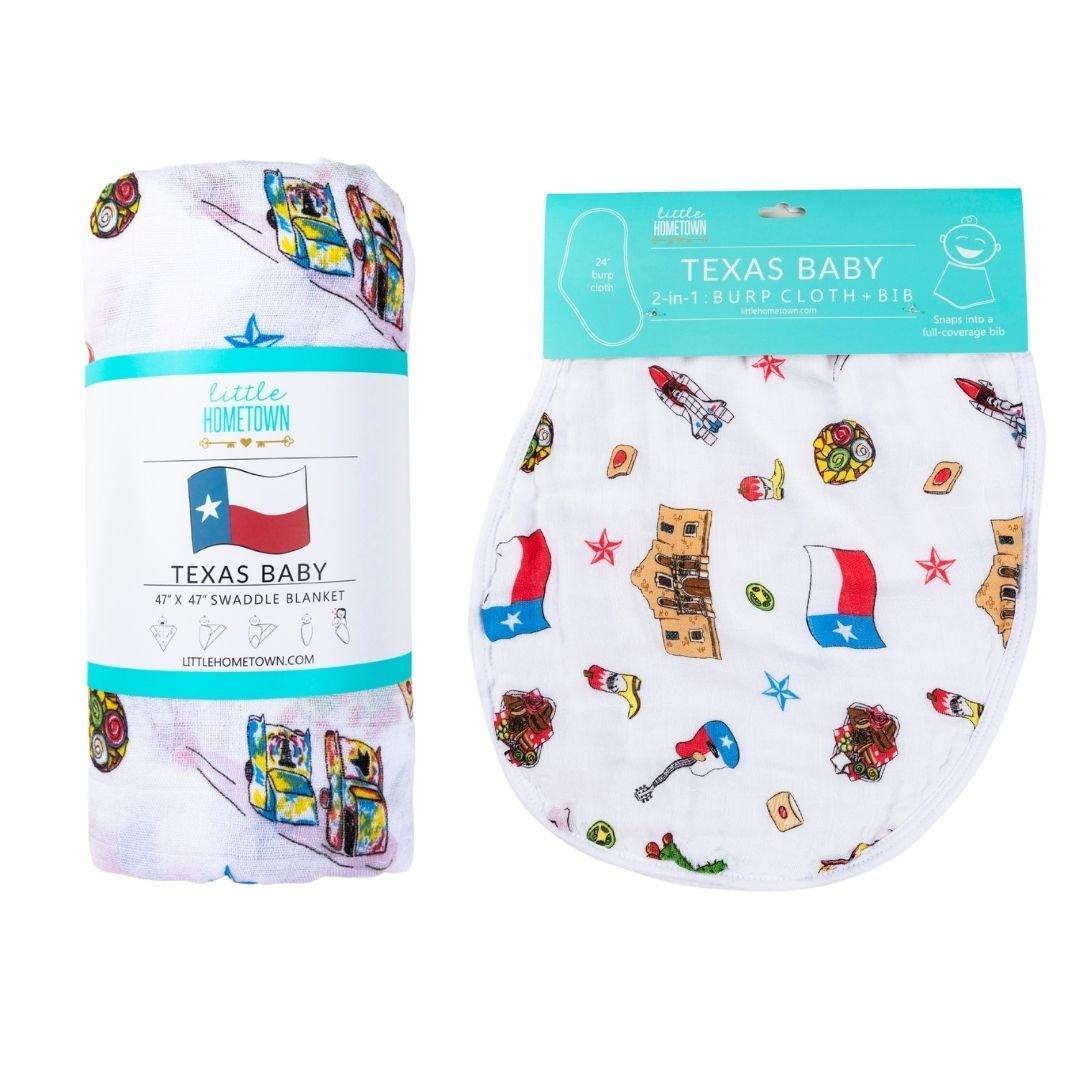 Texas-themed baby gift set with a muslin swaddle blanket and burp cloth, featuring state icons and landmarks.