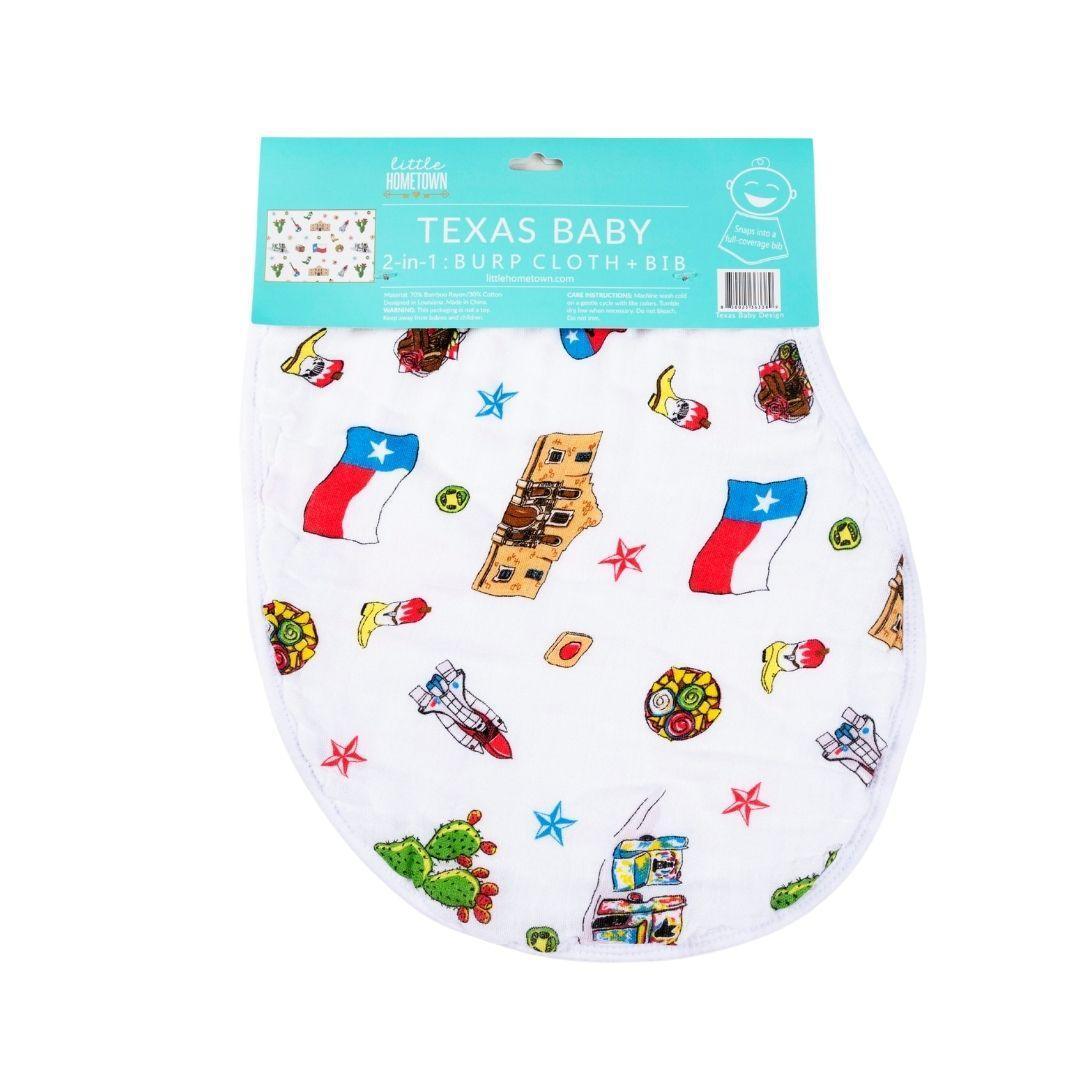 Texas-themed baby gift set with a muslin swaddle blanket and burp cloth, featuring state icons and landmarks.