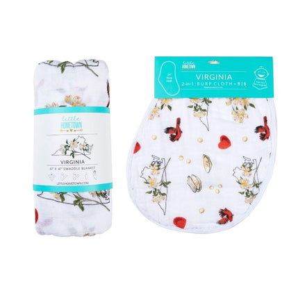 Floral-patterned muslin swaddle blanket and burp cloth set, neatly folded, with "Little Hometown" branding.