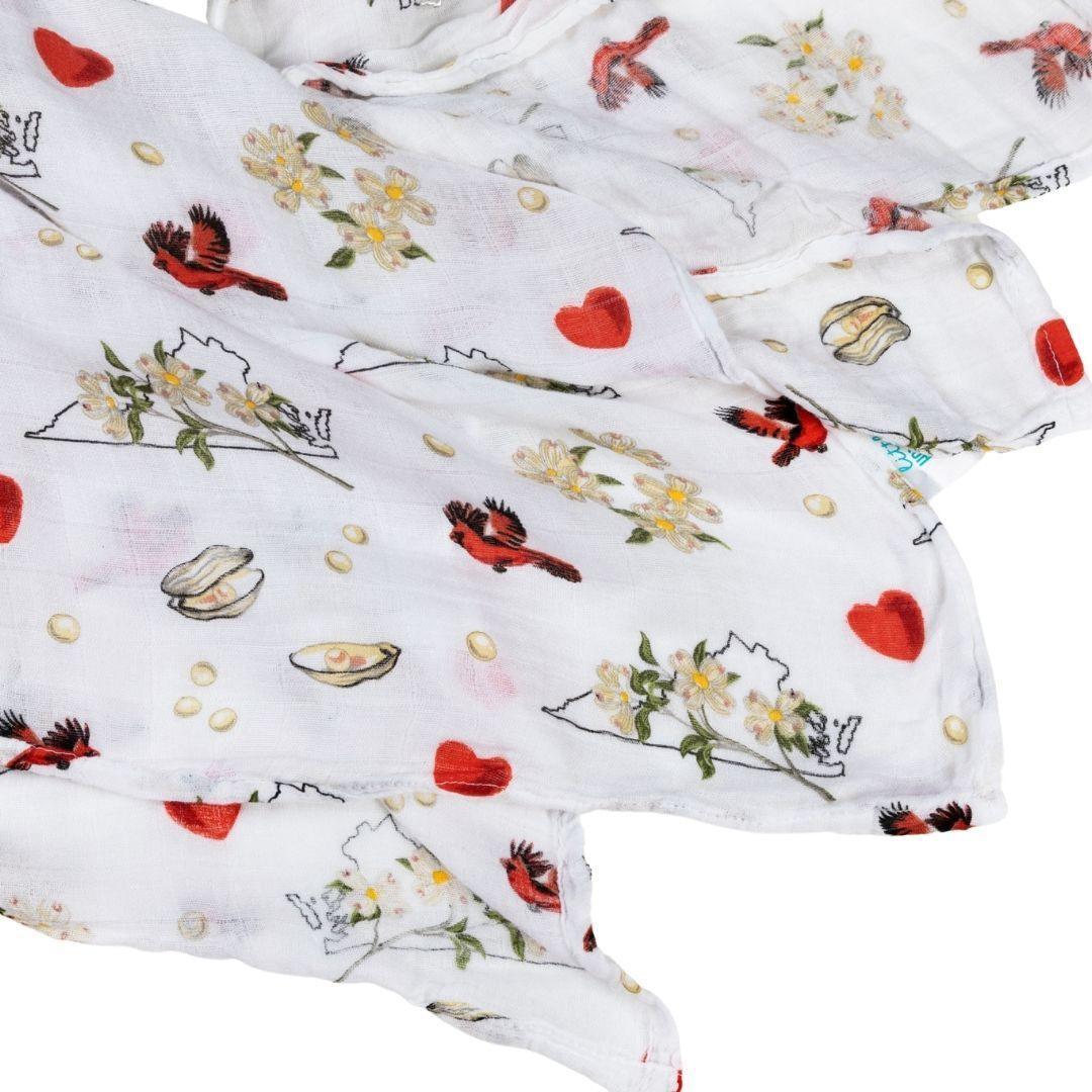 Floral-themed baby muslin swaddle blanket and burp cloth set, featuring delicate pink and green flower patterns.