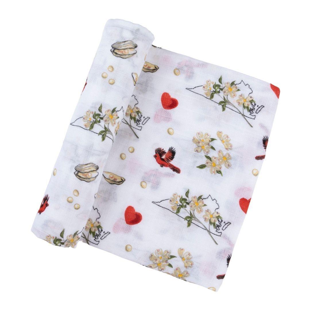 Virginia-themed baby muslin swaddle blanket and burp cloth set with floral patterns, neatly folded.