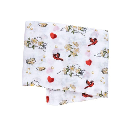 Floral-themed muslin swaddle blanket and burp cloth set with "Virginia Baby" text, neatly folded on a white background.