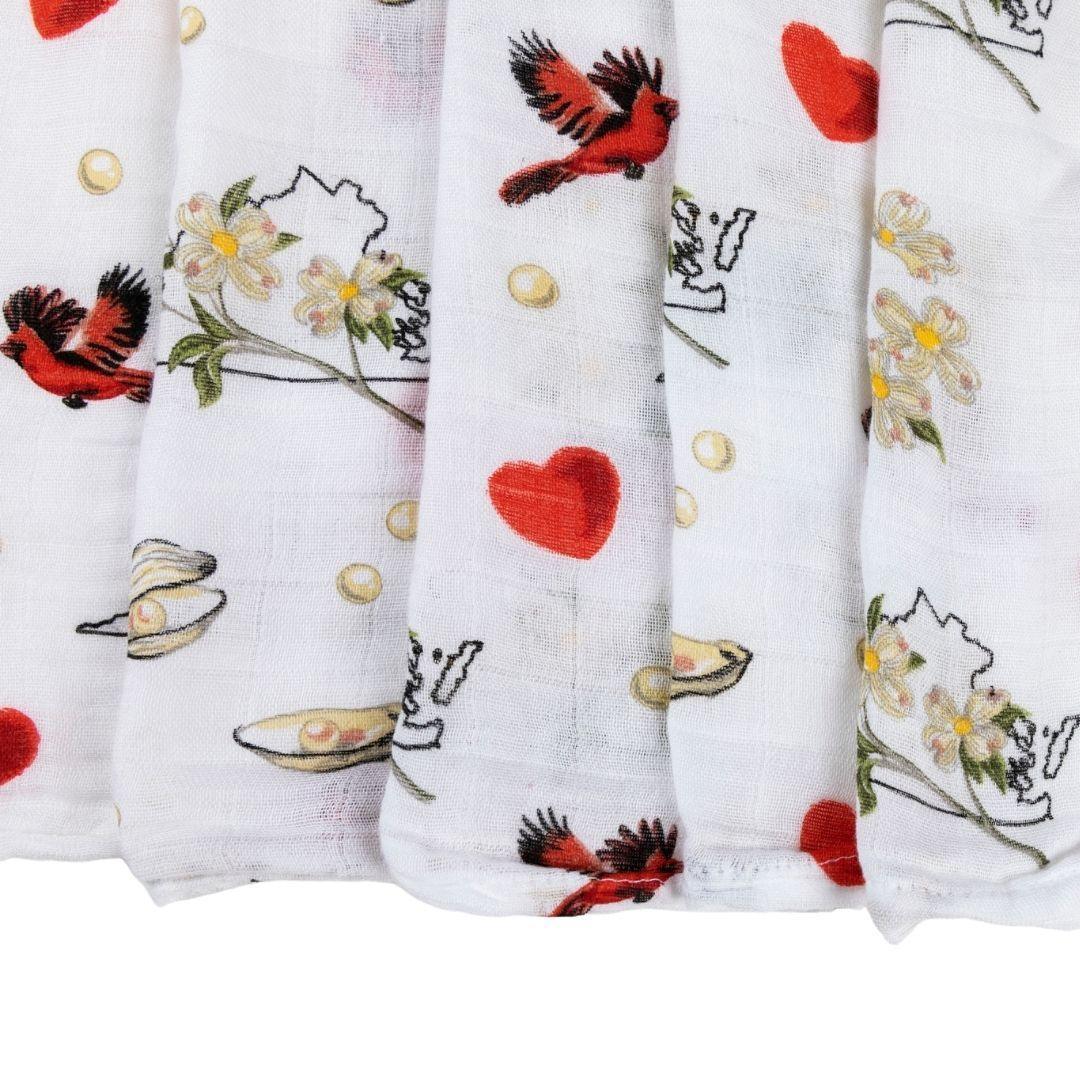 Virginia-themed baby muslin swaddle blanket and burp cloth set with floral patterns, neatly folded on a white background.